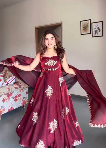 Maroon Anarkali Style Floral Embroidered Silk Anarkali Set