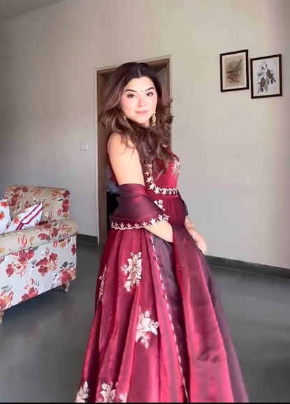 Maroon Anarkali Style Floral Embroidered Silk Anarkali Set