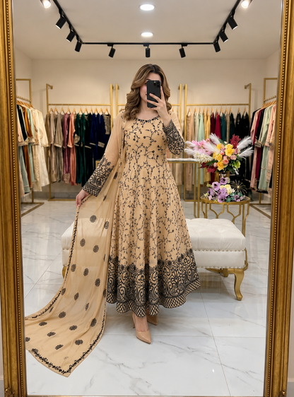 Beige Floral Embroidered Georgette Anarkali Suit with Matching Dupatta