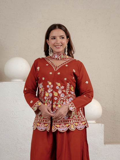 Women's Rust Floral Embroidered Roman Silk Straight Kurti with Palazzo Se