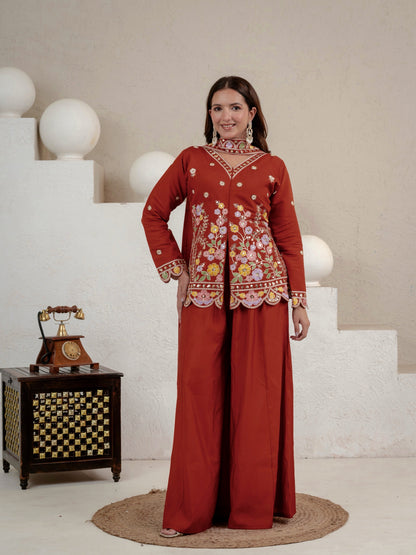 Women's Rust Floral Embroidered Roman Silk Straight Kurti with Palazzo Se