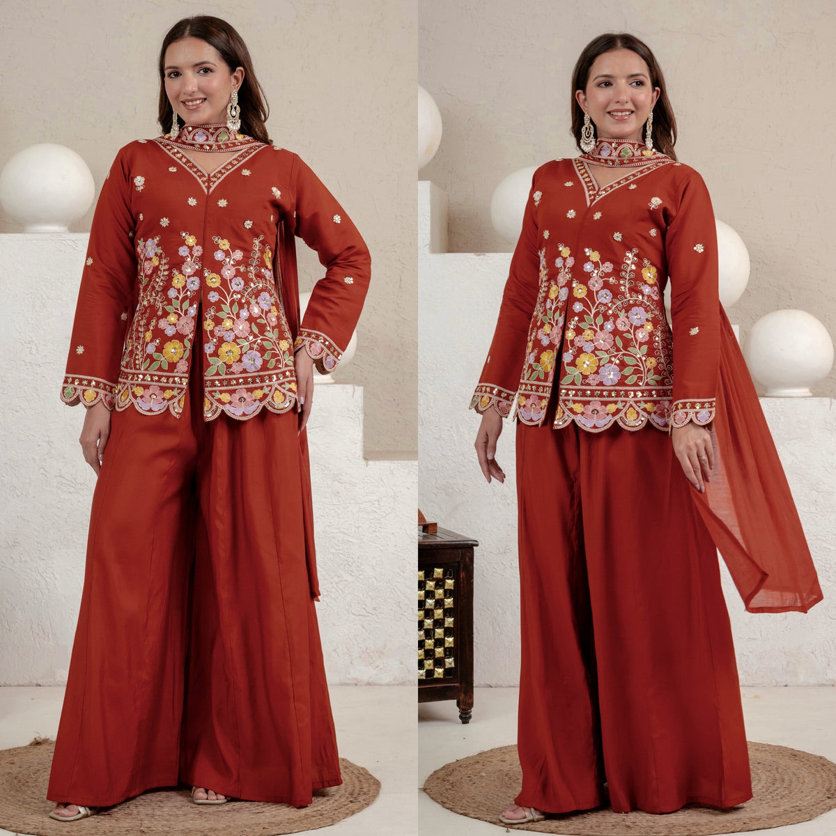 Women's Rust Floral Embroidered Roman Silk Straight Kurti with Palazzo Se