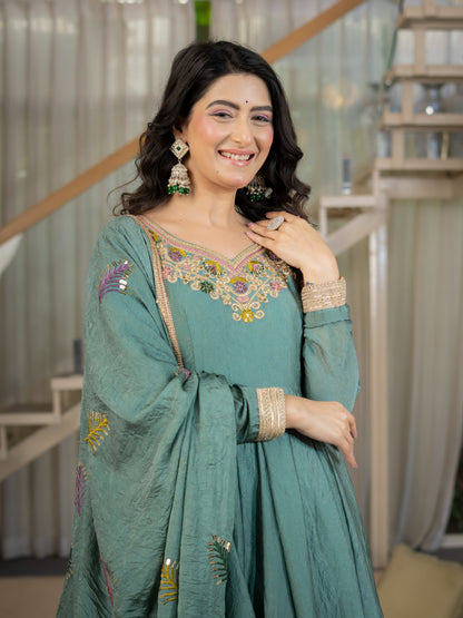 Teal Green Embroidered Anarkali Suit