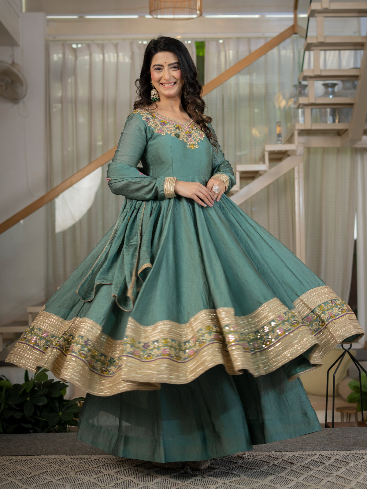 Teal Green Embroidered Anarkali Suit