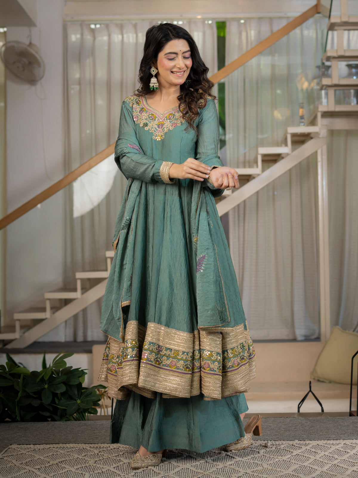 Teal Green Embroidered Anarkali Suit