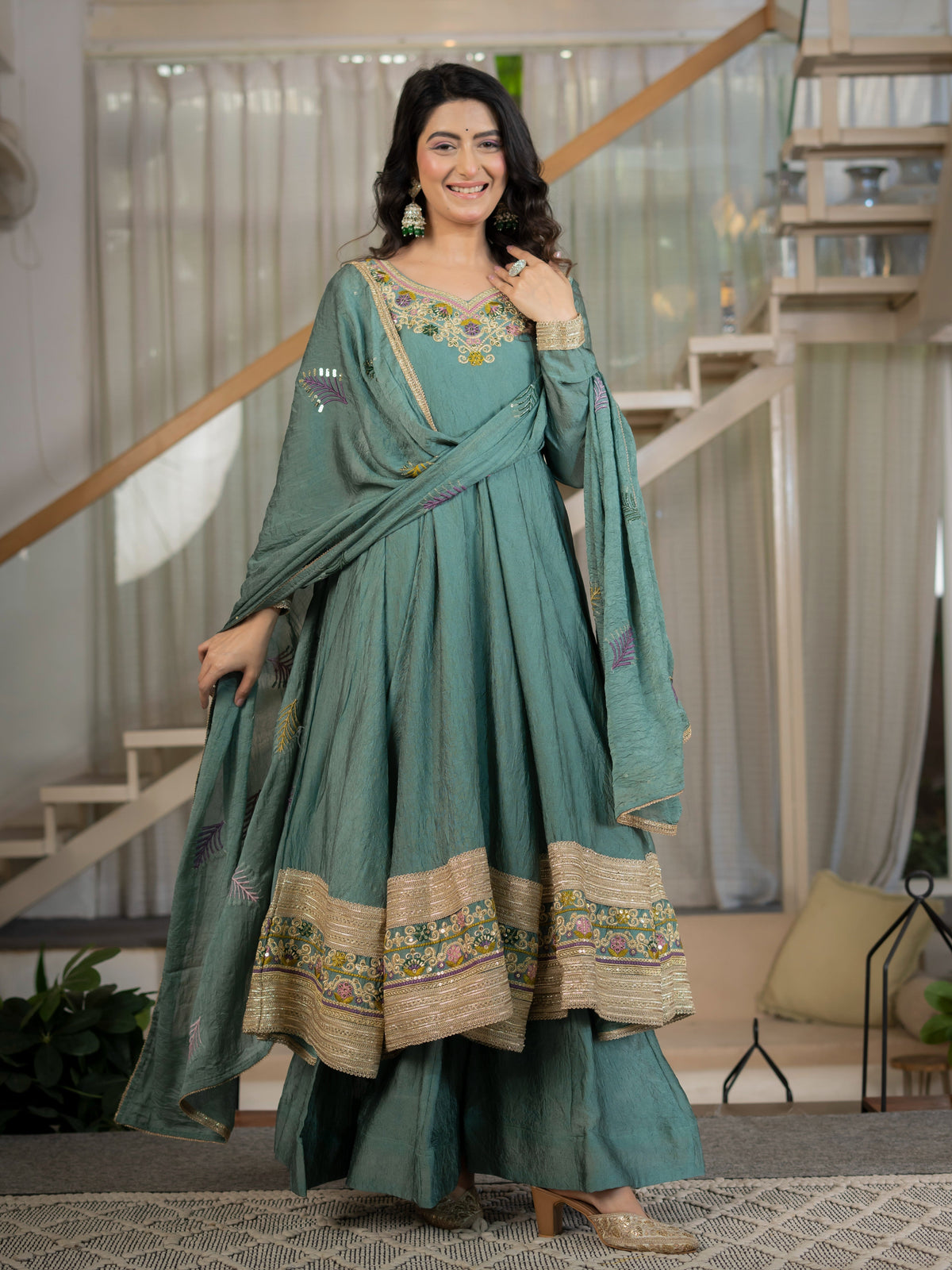 Teal Green Embroidered Anarkali Suit