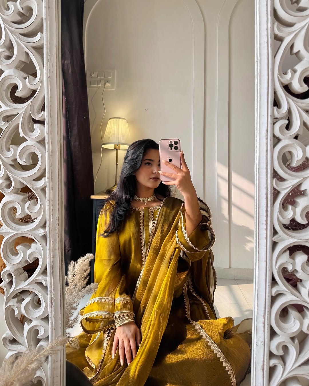 Mustard Organza Kurta Set with Embroidered Neckline & Dupatta – Elegant Festive Wear