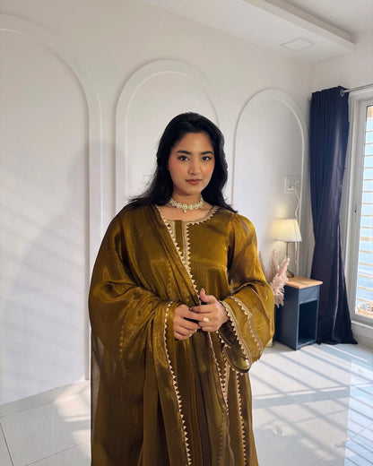 Mustard Organza Kurta Set with Embroidered Neckline & Dupatta – Elegant Festive Wear