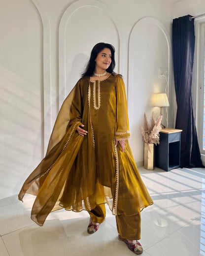 Mustard Organza Kurta Set with Embroidered Neckline & Dupatta – Elegant Festive Wear