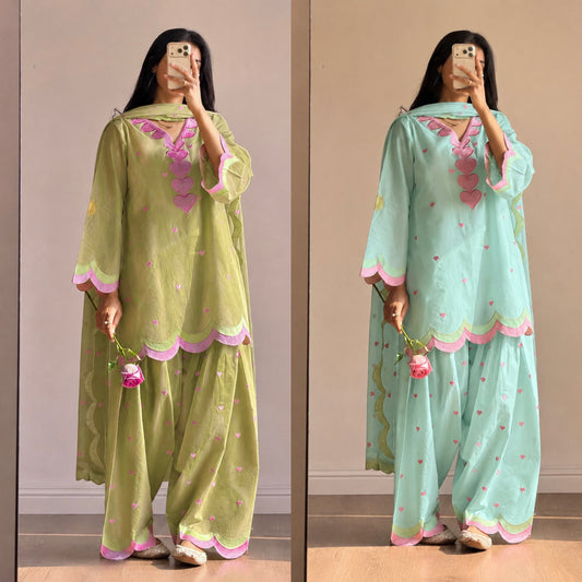 Pastel Mint Blue & Green Embroidery thread Work Farshi Salwar Suit Set