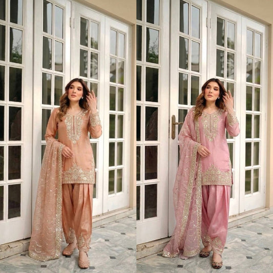 Designer Peach Embroidered Straight Kurta Patiala Suit Set for Women