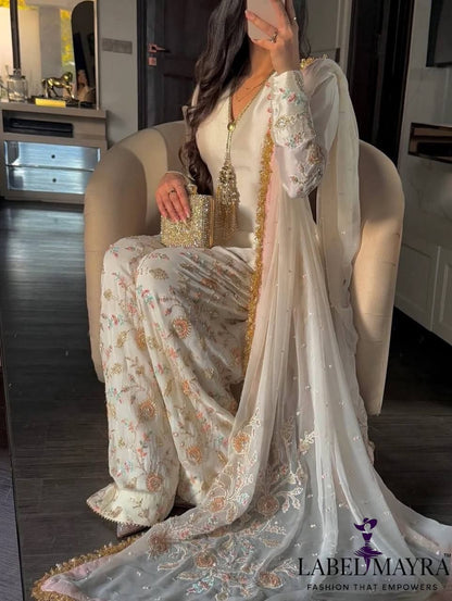 Elegant  Ofwhite Punjabi Suit with Floral Plazzo Set
