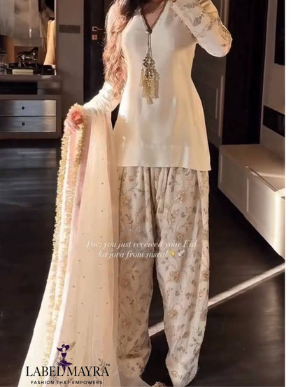 Elegant  Ofwhite Punjabi Suit with Floral Plazzo Set
