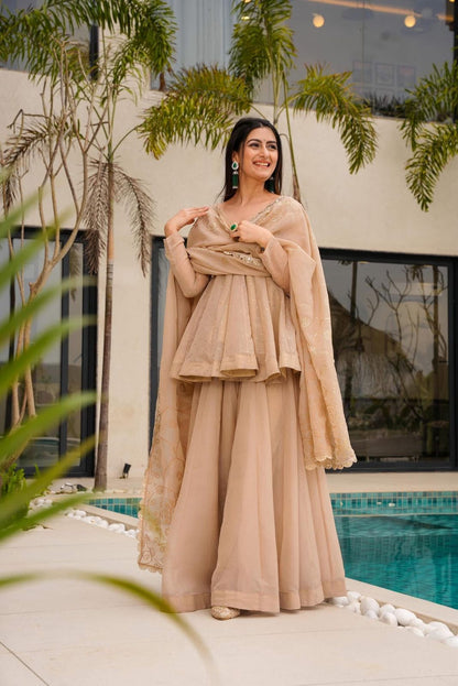 “Soft Peach Golden Embroidered Sharara Suit”