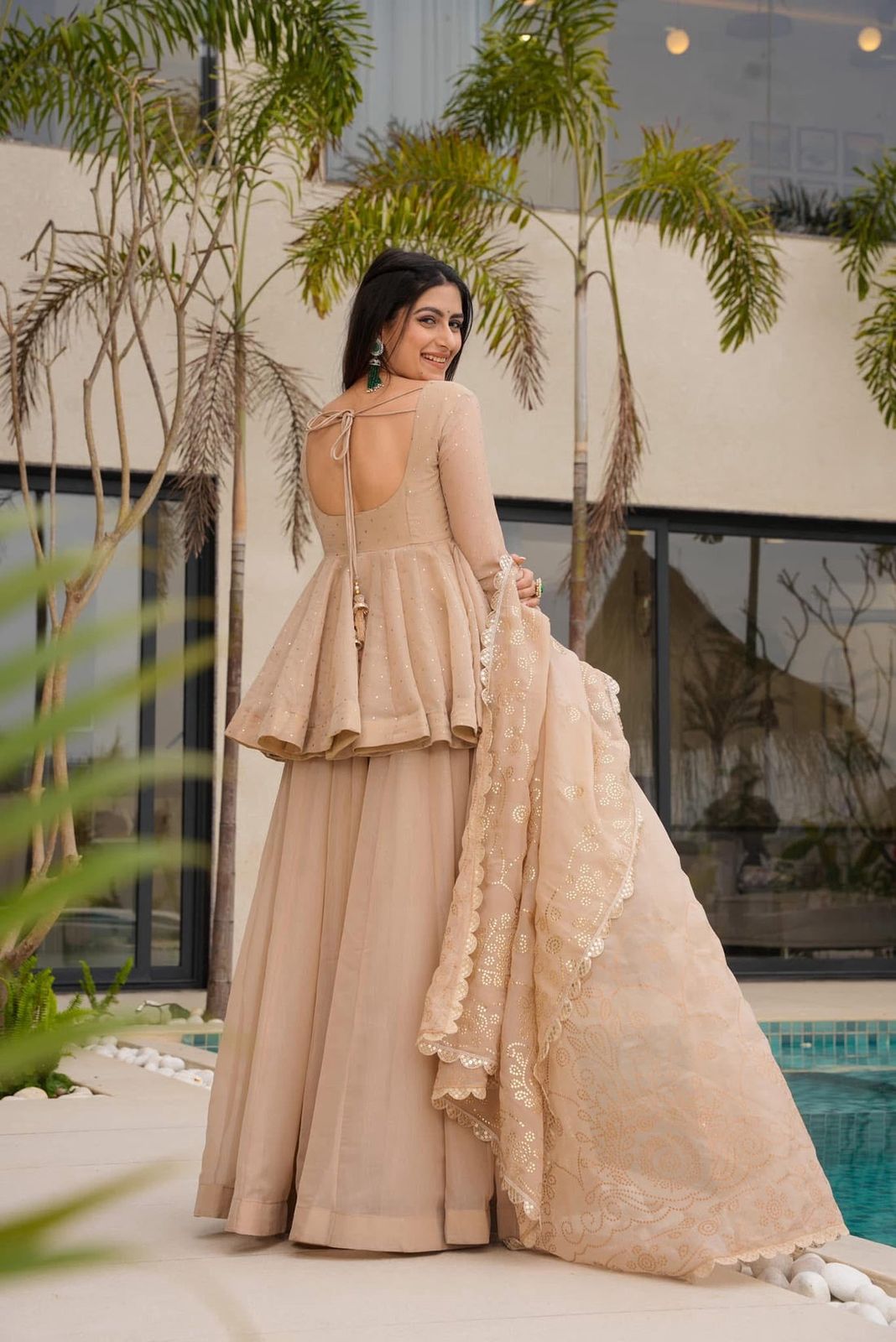 “Soft Peach Golden Embroidered Sharara Suit”