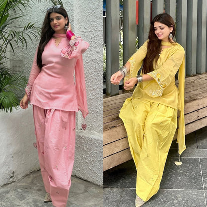 Pastel Pink Floral Embroidered Cotton Straight Kurta with Farshi salwar