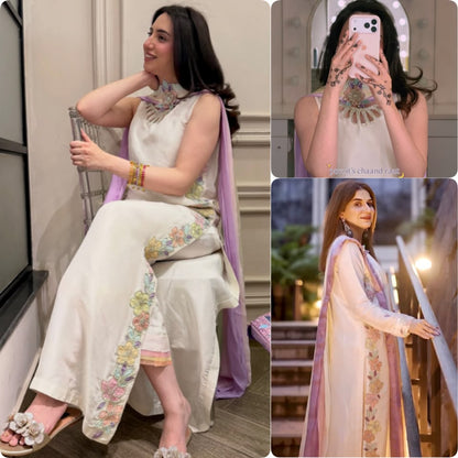 Peach Floral Embroidered Straight Suit Set with Straight Pants & Dupatta