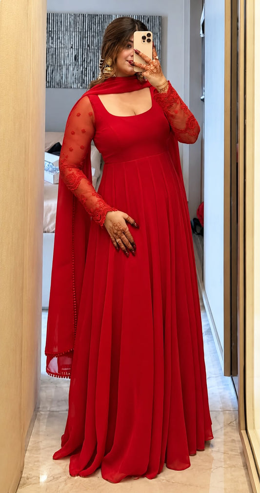 Red Faux Georgette Embroidered Anarkali Gown with Dupatta Set