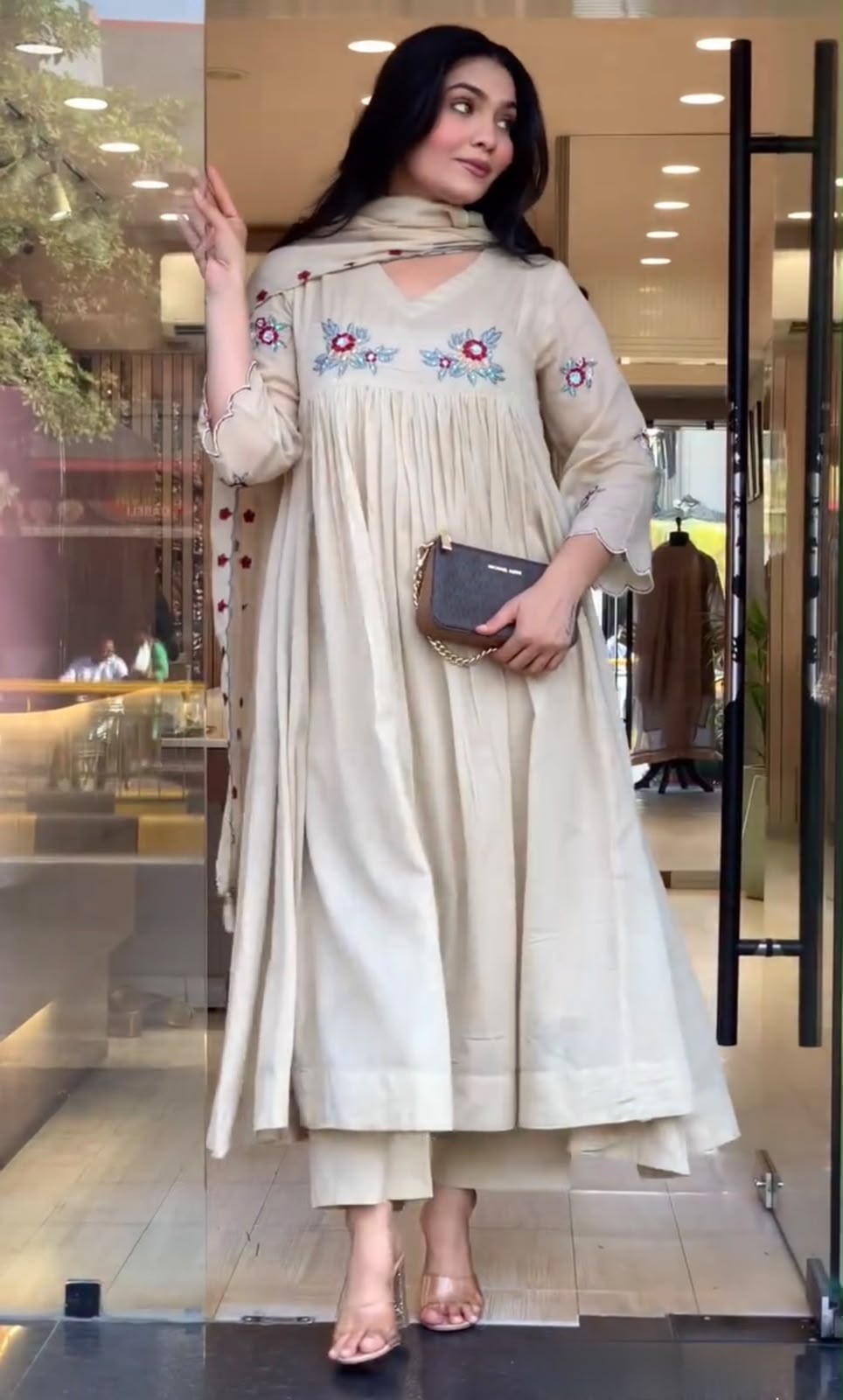 Ivory Floral Embroidered Blend Stitched Anarkali Kurta Set with Straight Pants & Dupatta