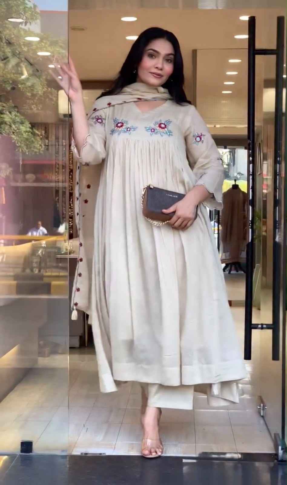 Ivory Floral Embroidered Blend Stitched Anarkali Kurta Set with Straight Pants & Dupatta