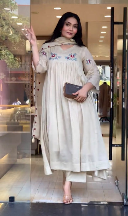 Ivory Floral Embroidered Blend Stitched Anarkali Kurta Set with Straight Pants & Dupatta