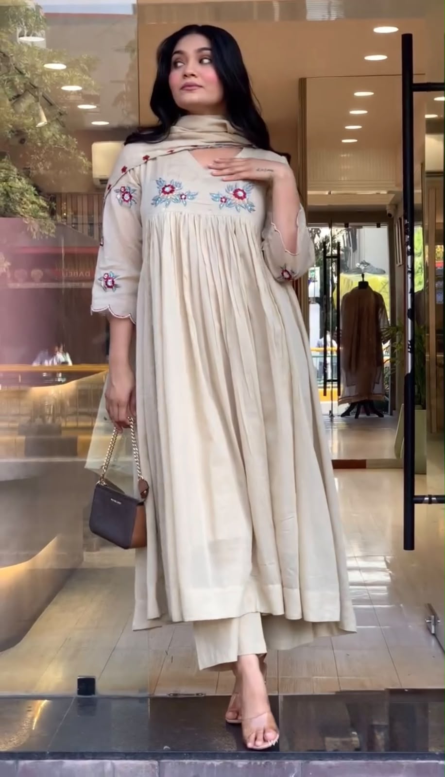 Ivory Floral Embroidered Blend Stitched Anarkali Kurta Set with Straight Pants & Dupatta