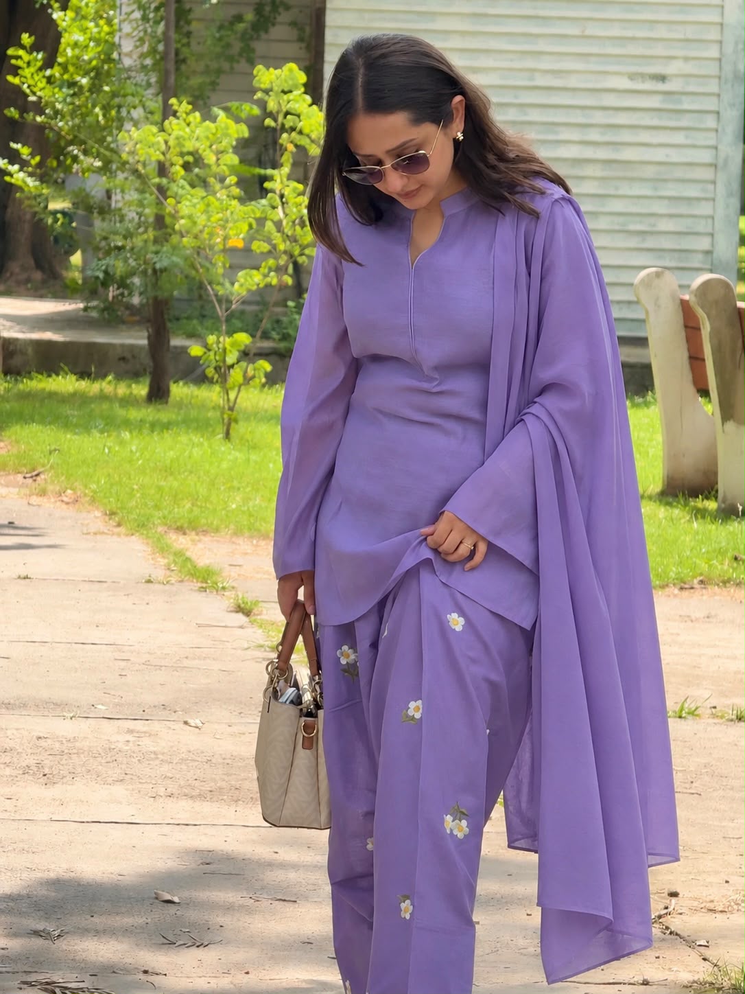 Lavender Purple Floral Embroidered Cotton Stitched Straight Kurta with Straight & Dupatta