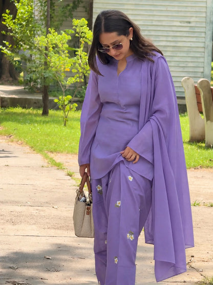 Lavender Purple Floral Embroidered Cotton Stitched Straight Kurta with Straight & Dupatta