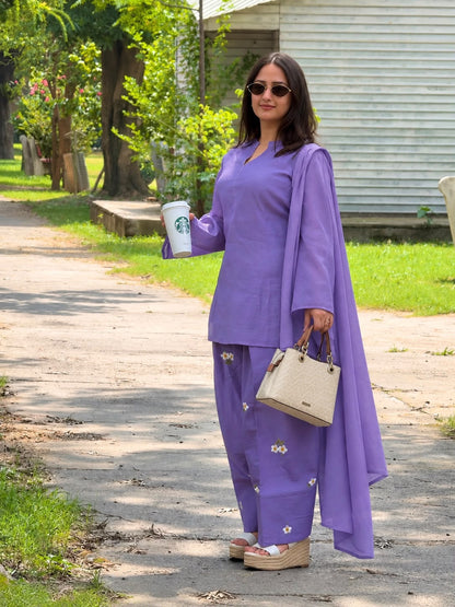 Lavender Purple Floral Embroidered Cotton Stitched Straight Kurta with Straight & Dupatta