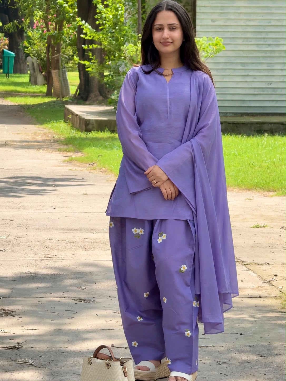Lavender Purple Floral Embroidered Cotton Stitched Straight Kurta with Straight & Dupatta