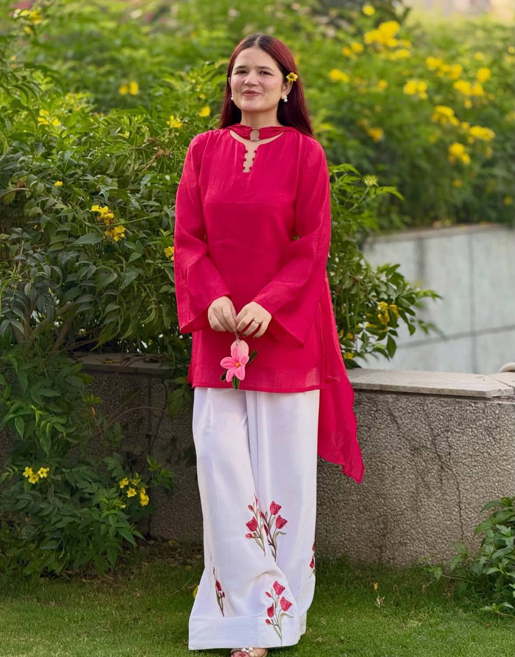 Rani Pink Keyhole Neck Kurti with White Floral Palazzo Set for Women