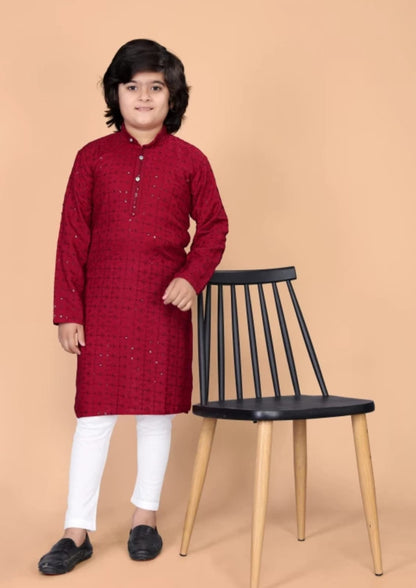 Boys Red Ethnic Motifs Embroidered Mandarin Collar Sequinned Cotton Kurta