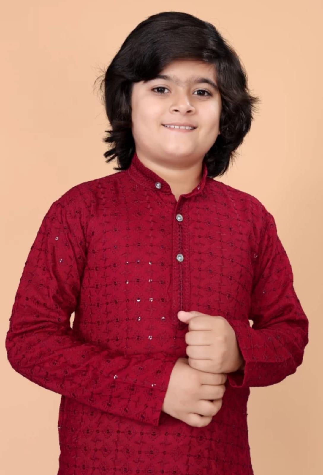 Boys Red Ethnic Motifs Embroidered Mandarin Collar Sequinned Cotton Kurta