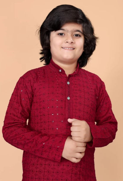 Boys Red Ethnic Motifs Embroidered Mandarin Collar Sequinned Cotton Kurta