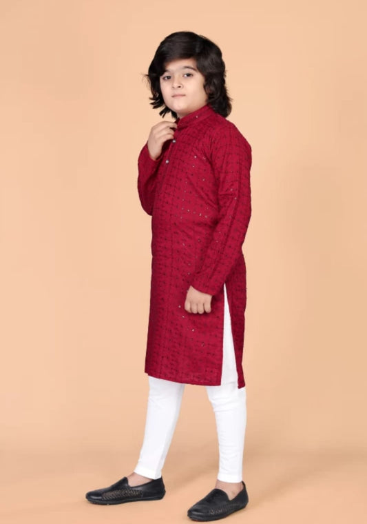 Boys Red Ethnic Motifs Embroidered Mandarin Collar Sequinned Cotton Kurta