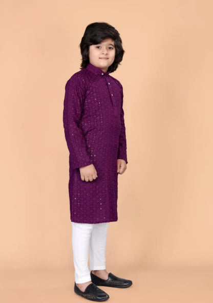 Boys Purple Embroidered Thread Work Cotton Full Sleeve Kurta
