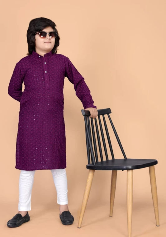 Boys Purple Embroidered Thread Work Cotton Full Sleeve Kurta