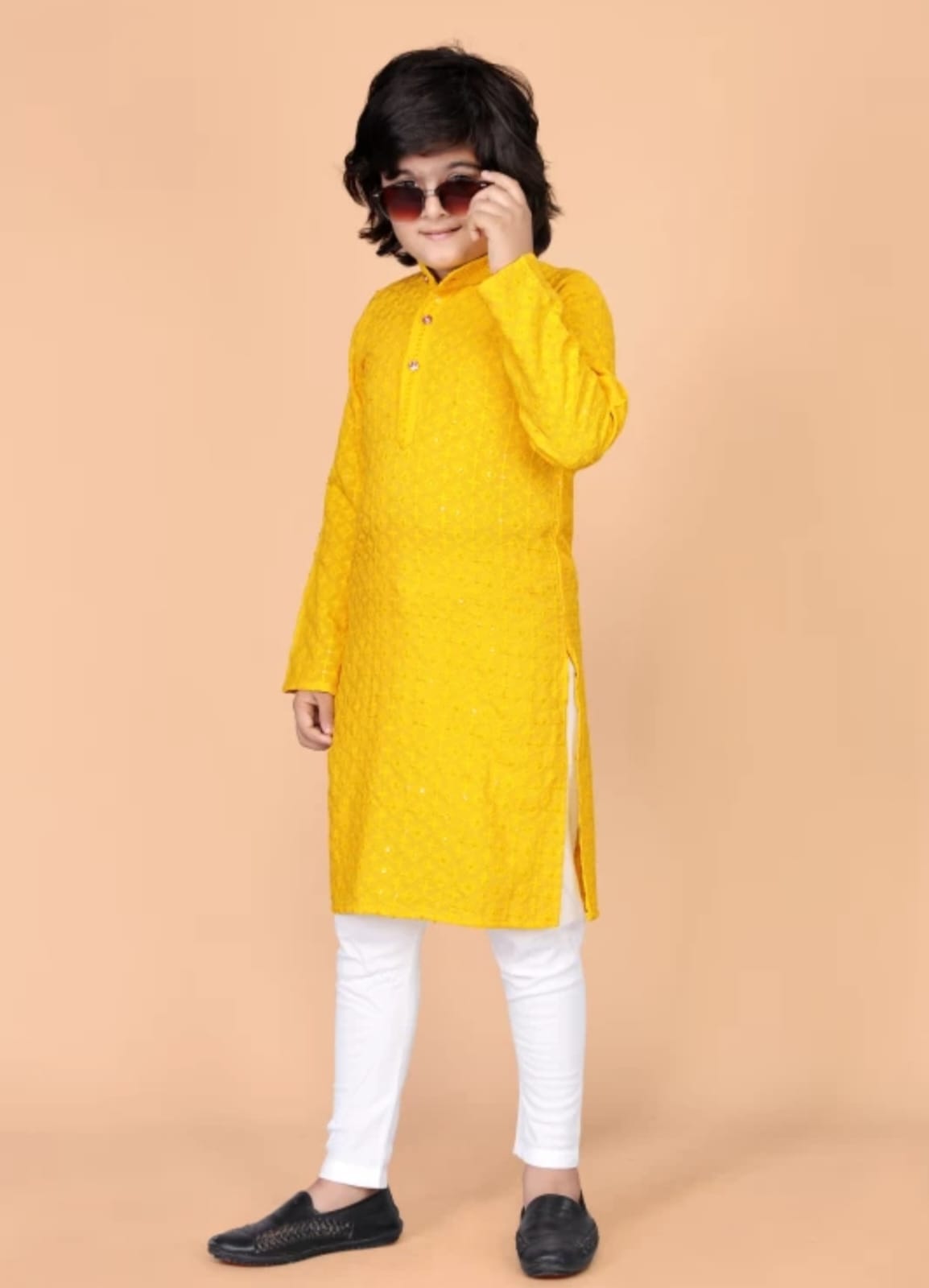 Boys Yellow Ethnic Motifs Embroidered Mandarin Collar Sequinned Cotton Kurta