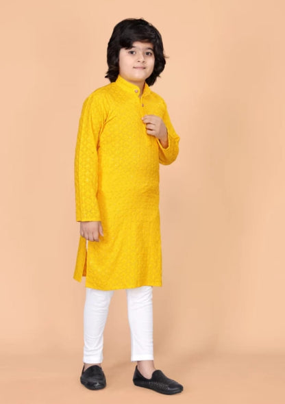 Boys Yellow Ethnic Motifs Embroidered Mandarin Collar Sequinned Cotton Kurta