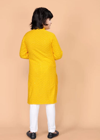 Boys Yellow Ethnic Motifs Embroidered Mandarin Collar Sequinned Cotton Kurta