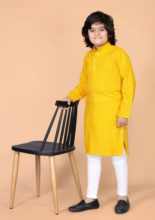Boys Yellow Ethnic Motifs Embroidered Mandarin Collar Sequinned Cotton Kurta