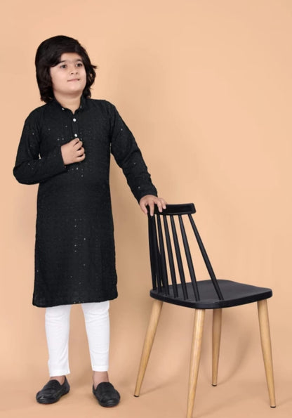 Boys Black Floral Embroidered Band Collar Sequins Straight Kurta