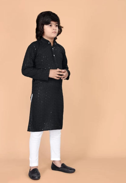 Boys Black Floral Embroidered Band Collar Sequins Straight Kurta