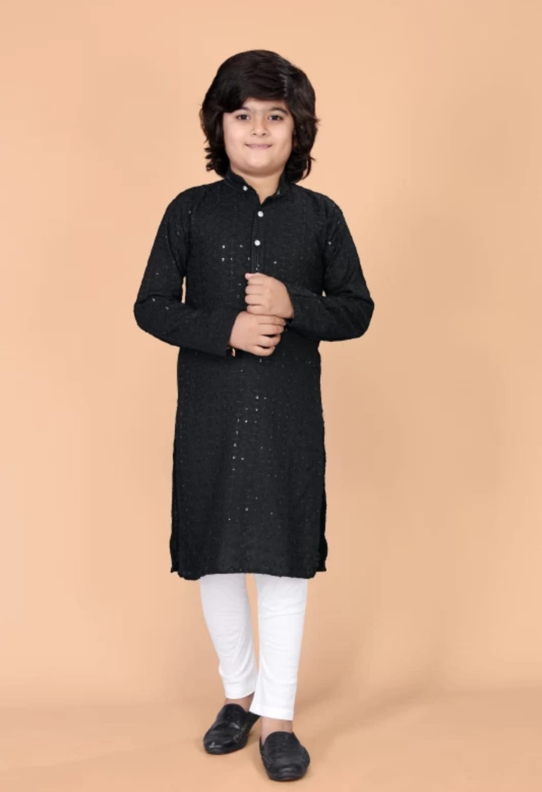 Boys Black Floral Embroidered Band Collar Sequins Straight Kurta
