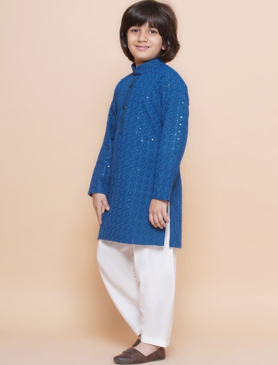 Boys Blue Floral Embroidered Band Collar Sequins Straight Kurta