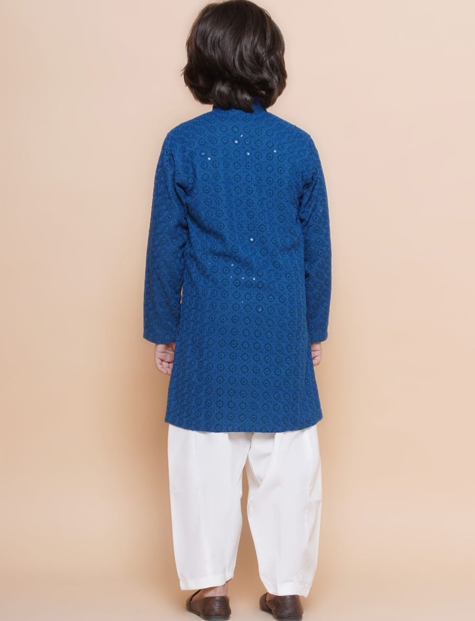 Boys Blue Floral Embroidered Band Collar Sequins Straight Kurta