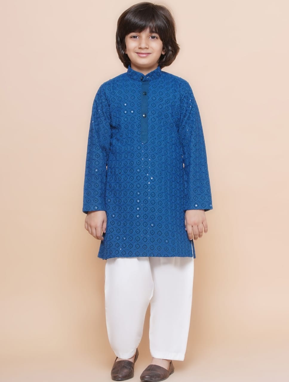 Boys Blue Floral Embroidered Band Collar Sequins Straight Kurta