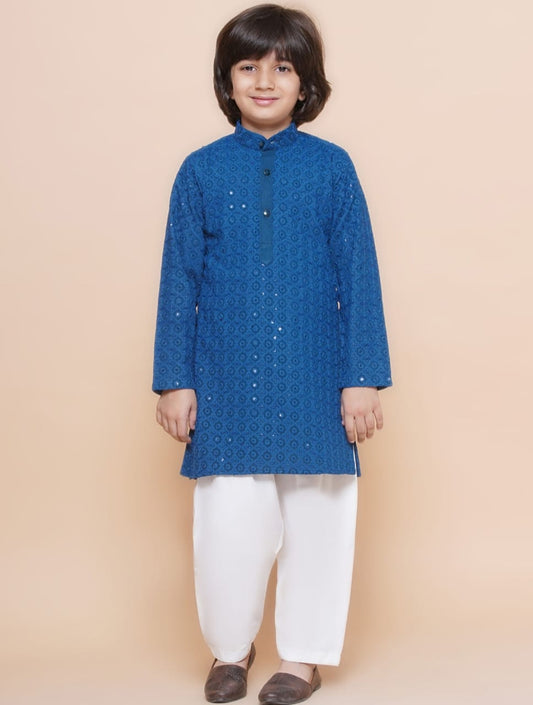Boys Blue Floral Embroidered Band Collar Sequins Straight Kurta