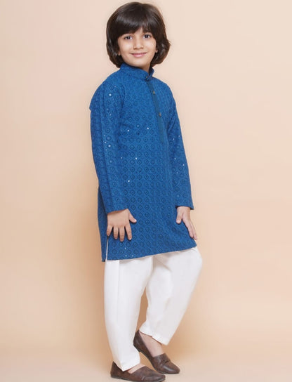 Boys Blue Floral Embroidered Band Collar Sequins Straight Kurta