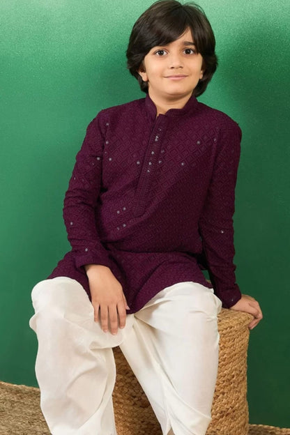 Boys Maroon Embroidered Thread Work Cotton Full Sleeve Kurta